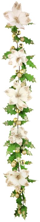 Holly Leaf with Balls and Poinsettia Garland - 6 Feet
