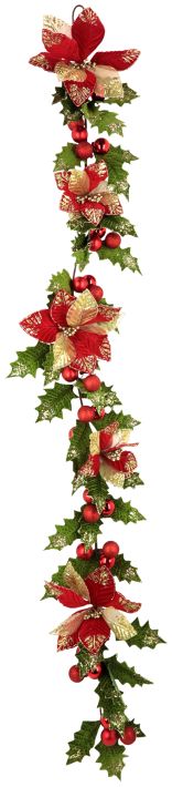 Holly Leaf with Balls and Poinsettia Garland - 6 Feet