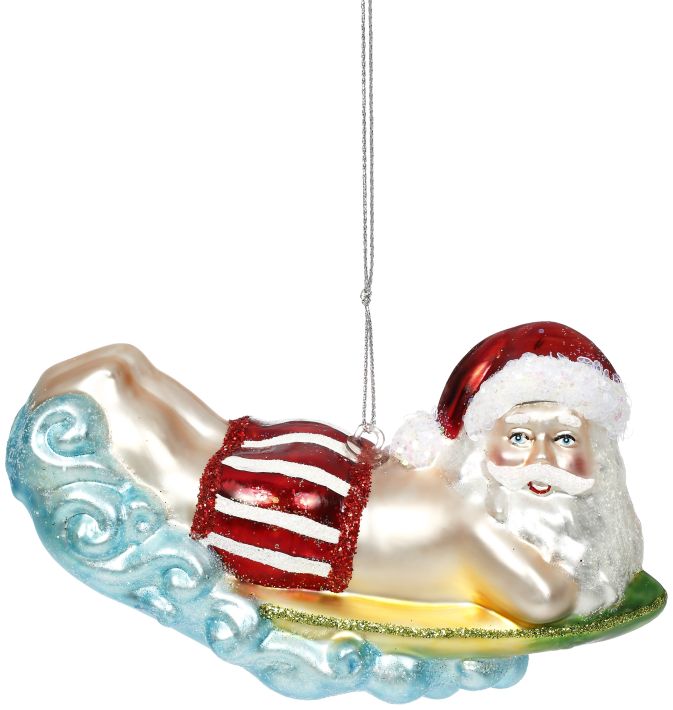 Beach Santa with Surfboard Ornament - 5 x 3 Inches