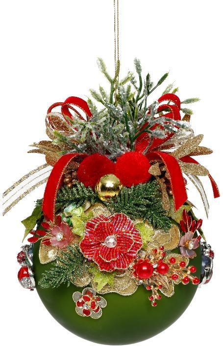 Floral Jeweled Ball Ornament, Green - 5 Inches