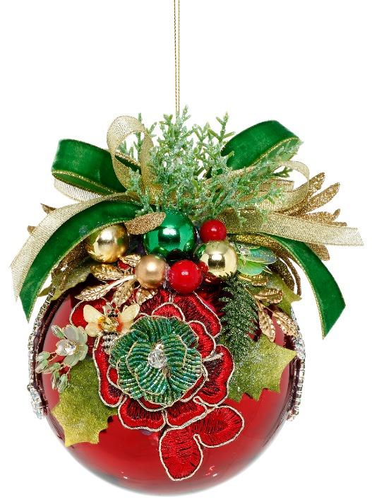 Floral Jeweled Ball Ornament, Shiny, Red - 5 Inches