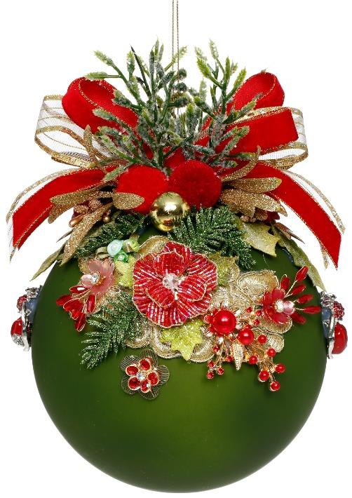 Floral Jeweled Ornament, Green - 6 Inches