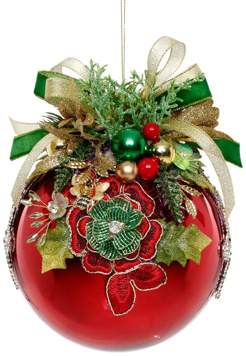 Floral Jeweled Ornament, Shiny Red -  6 Inches