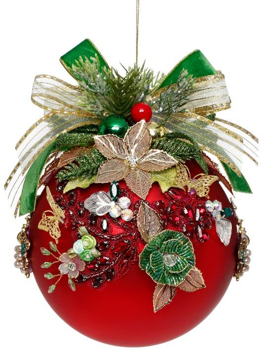 Floral Jeweled Ornament, Red - 6 Inches