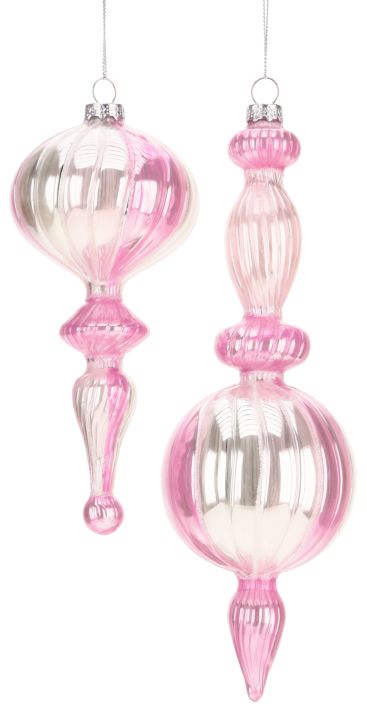 Fancy Pink Striped Finial Ornament, Assortment of 2 - 7-10 Inches