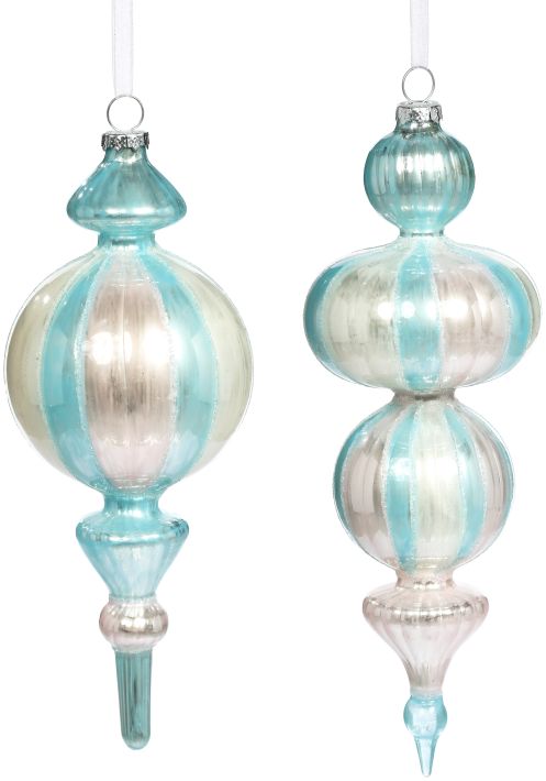 Fancy Blue Striped Finial Ornament, Assortment of 2 8-9 Inches