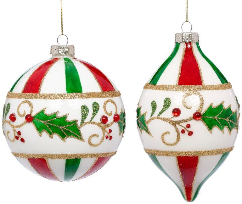 Striped Holly Swirl Ornament, Assortment of 2 - 5 Inches