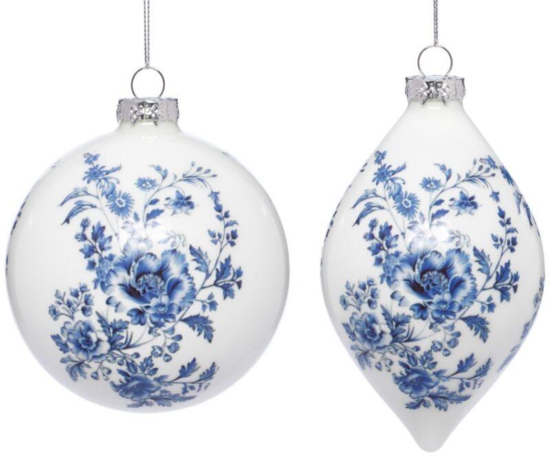 Blue and White Floral Ornament, Box of 6 - 4 Inches