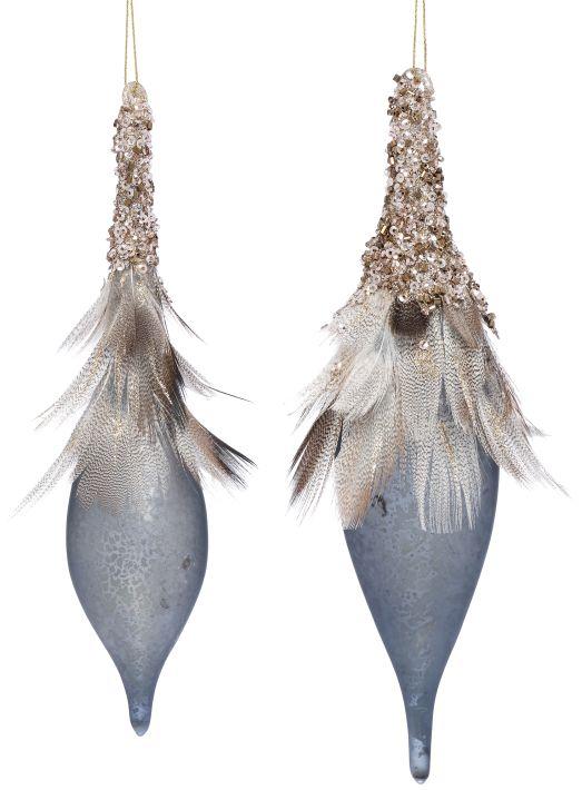 Feathered Finial Drop Ornament, Assortment of 2 - 7 Inches