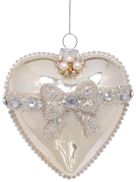 Silver Heart with Jeweled Bow Ornament - 4 Inches
