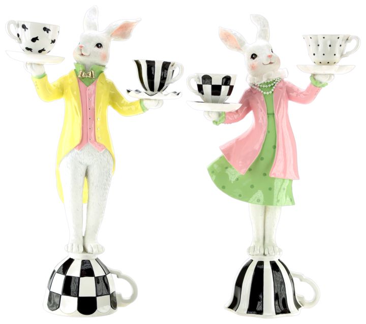 Mr and Mrs Rabbit Tea Party Candleholder, Assortment of 2 - 16 Inches