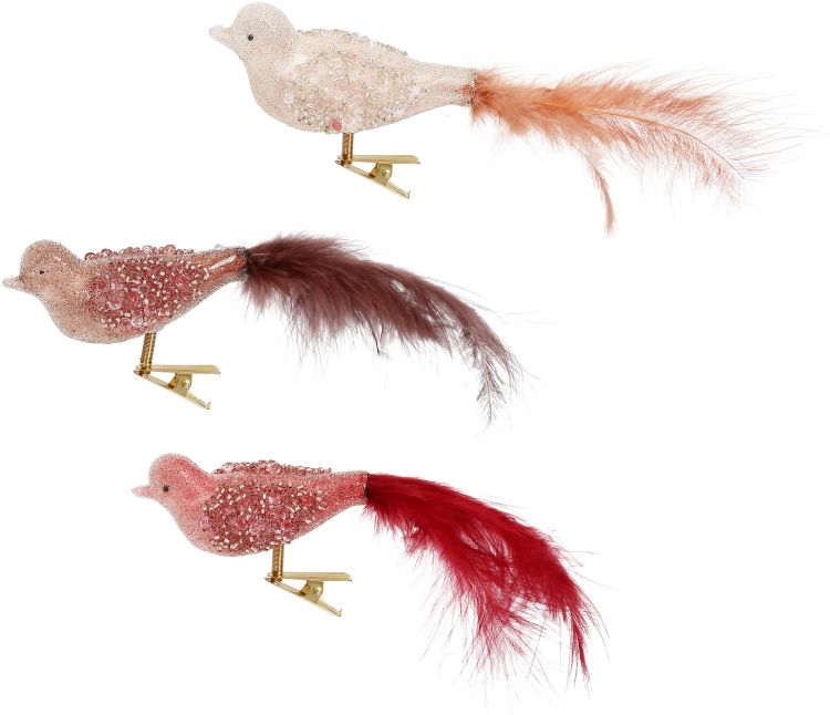 Iced Bird with Clip, Assortment of 3- 1.5 Inches