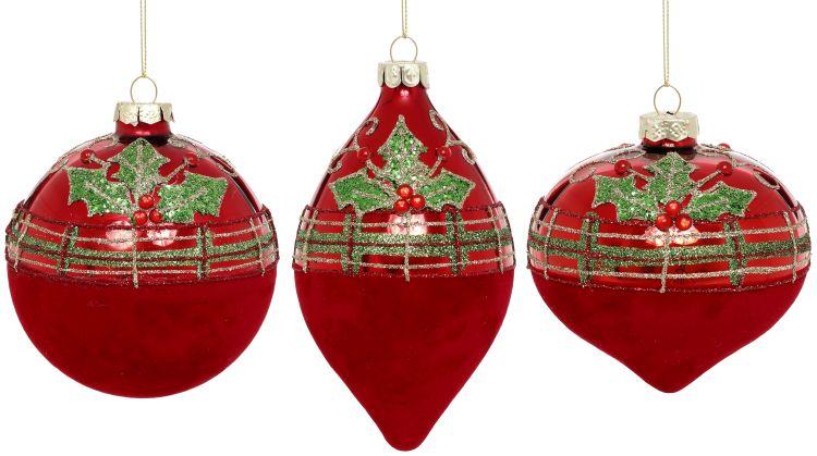 Holly Trim Velvet Ornament, Box of 6- 4-5 Inches